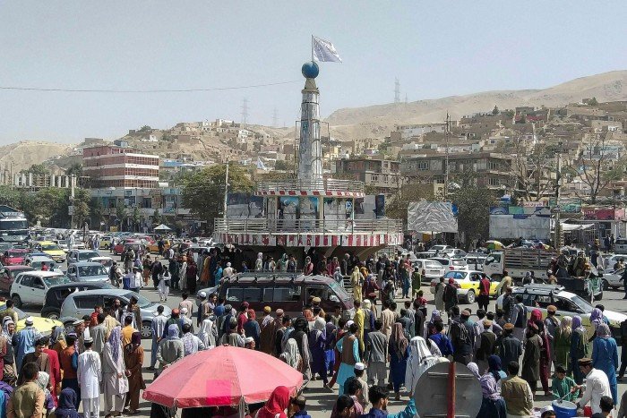 A Taliban flag on a plinth in the main cit square of Puli Khumri 