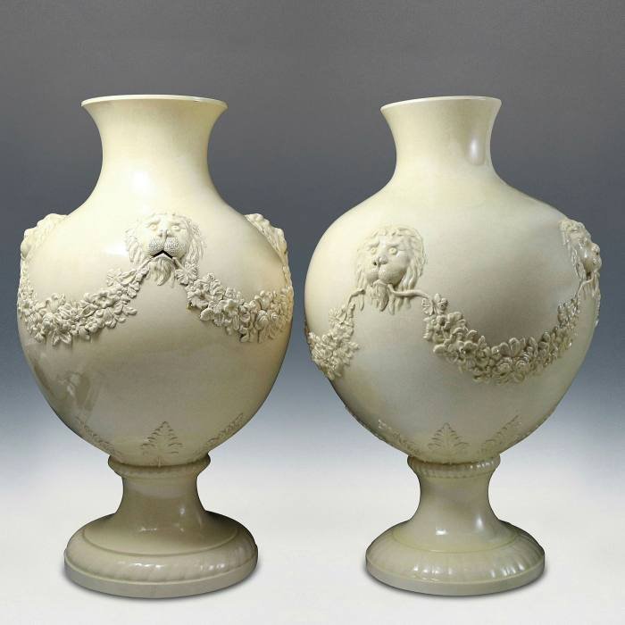 An impressive pair of Wedgwood creamware pottery vases with lion head masks circa 1765